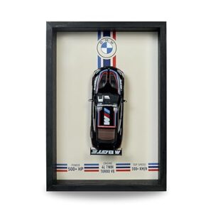 CodersParadise - BMW M8 GTE 3D Car Frame Wall Art | 1:32 Die-Cast Metal Model Car with Wooden Display Frame | Detachable Miniature, Interchangeable Posters, Pull-Back Action, Lights & Opening Doors | Unique Gift for Cars Lovers & Home Décor